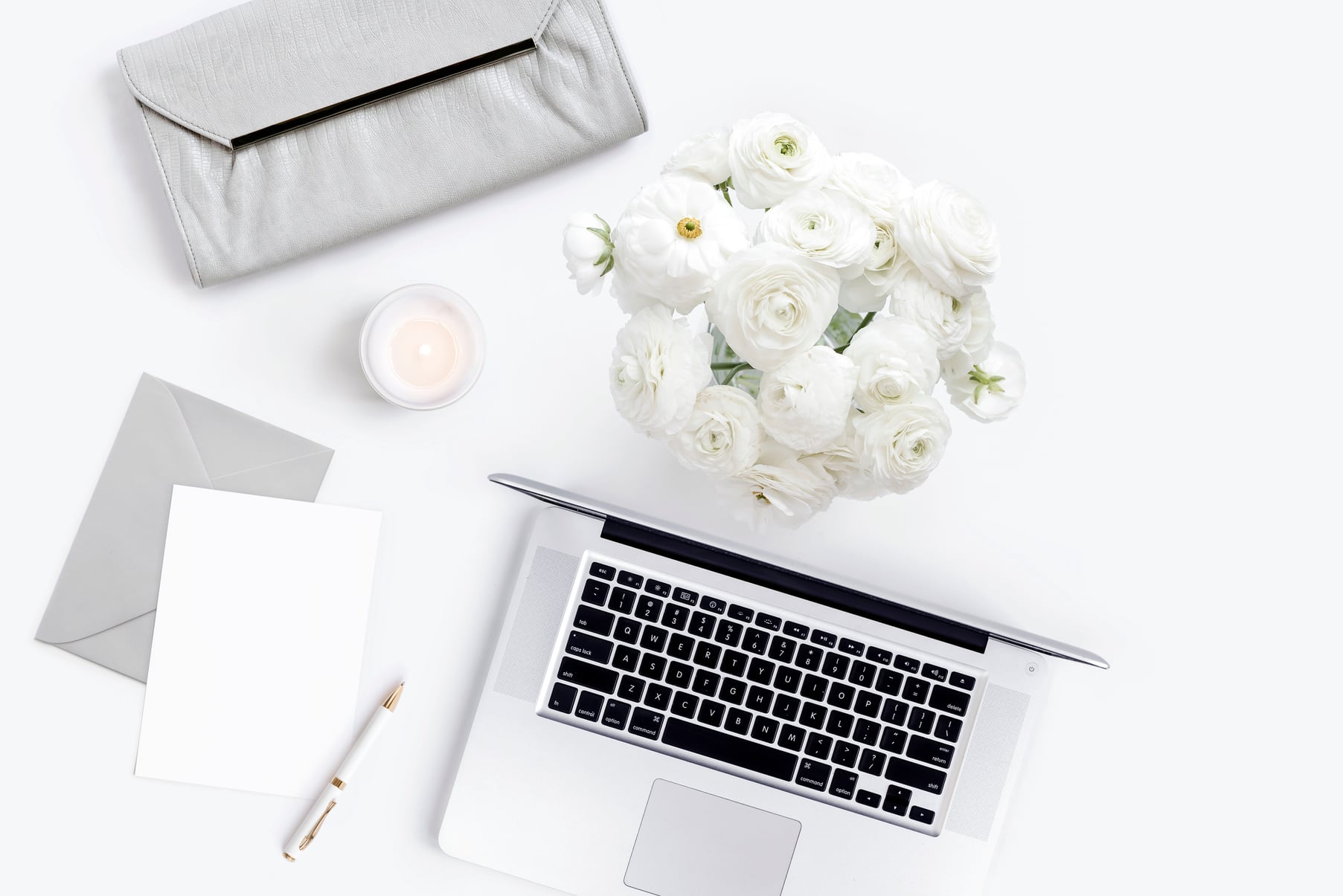 White Roses with Laptop Flatlay